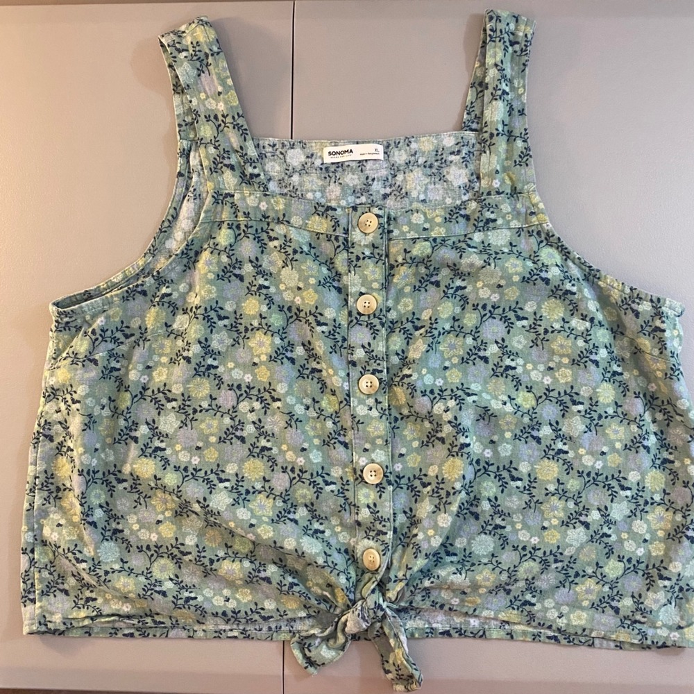 Sonoma Goods For Life Green Floral Button Tie Front Tank Top XL Boho Cottagecore